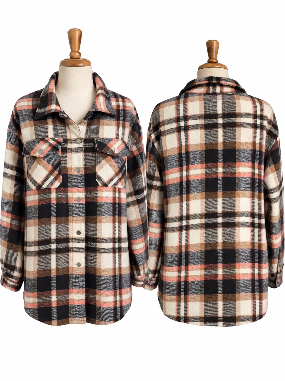 Plaid Button-Front Shacket in Cream, navy & Tan